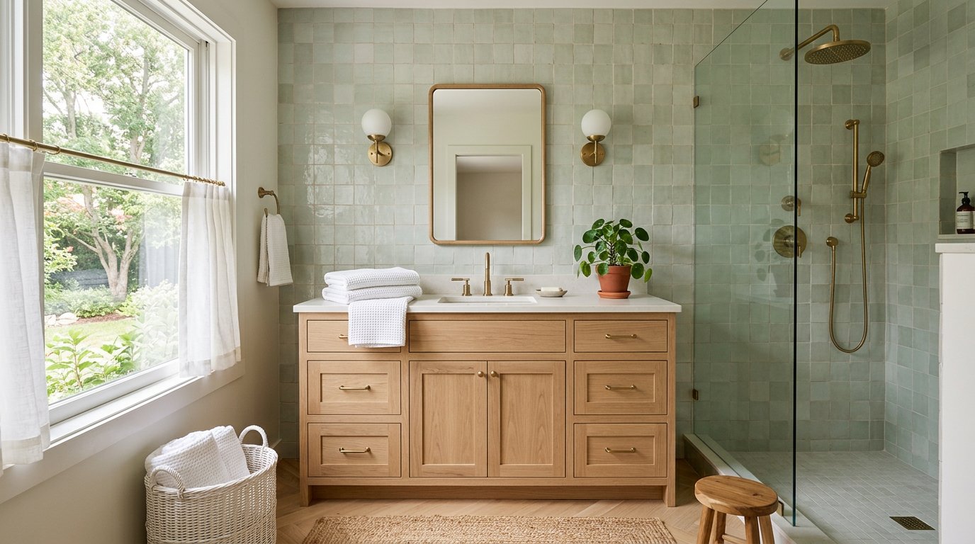 A calm bathroom renovation with pale green tile and a light oak vanity