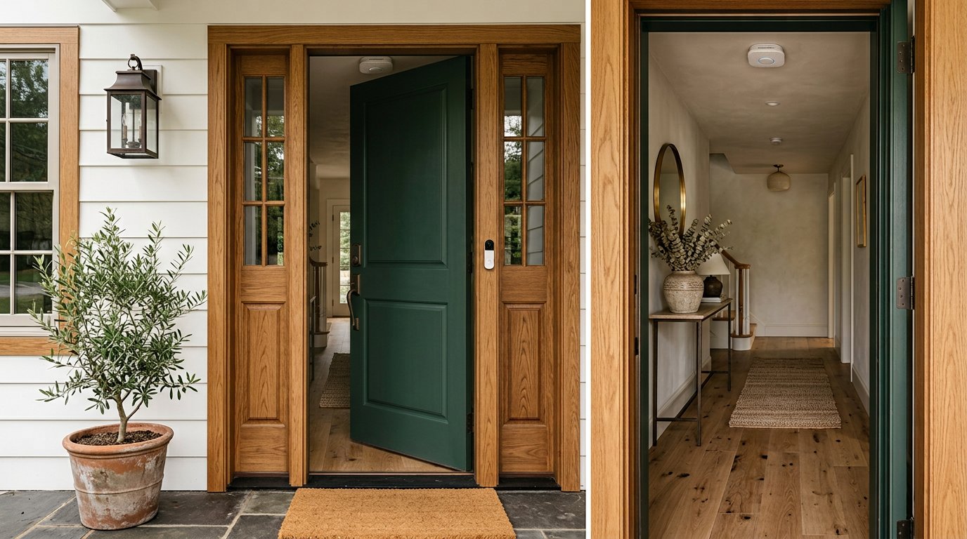 A secure front door with a smart lock and warm hallway